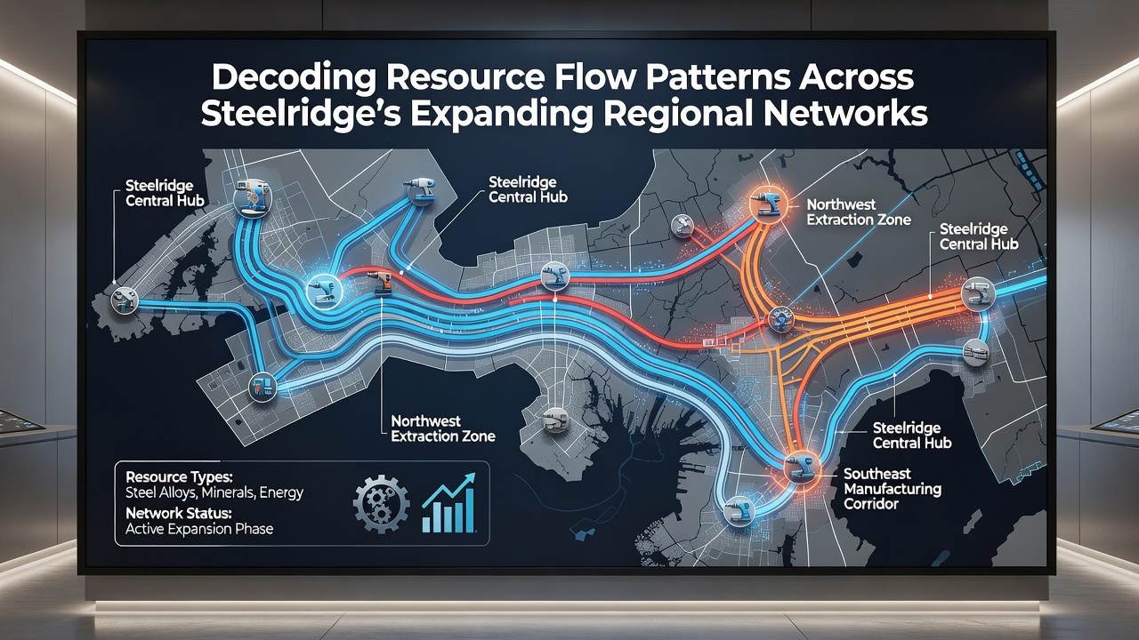 Detailed diagram of resource flow patterns with color-coded lines indicating volume and direction across Steelridge zones