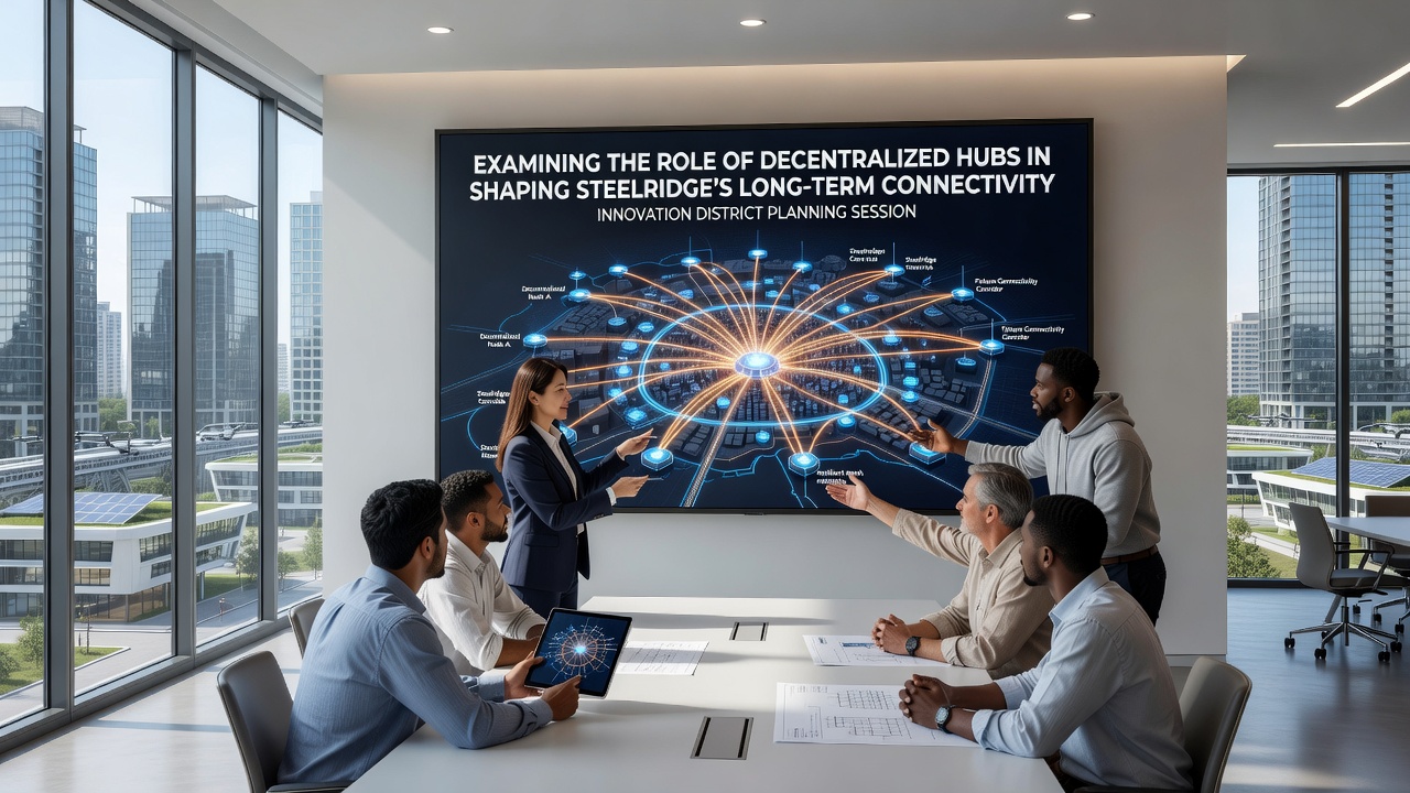 Interior of a decentralized hub facility showing interconnected routing systems in Steelridge